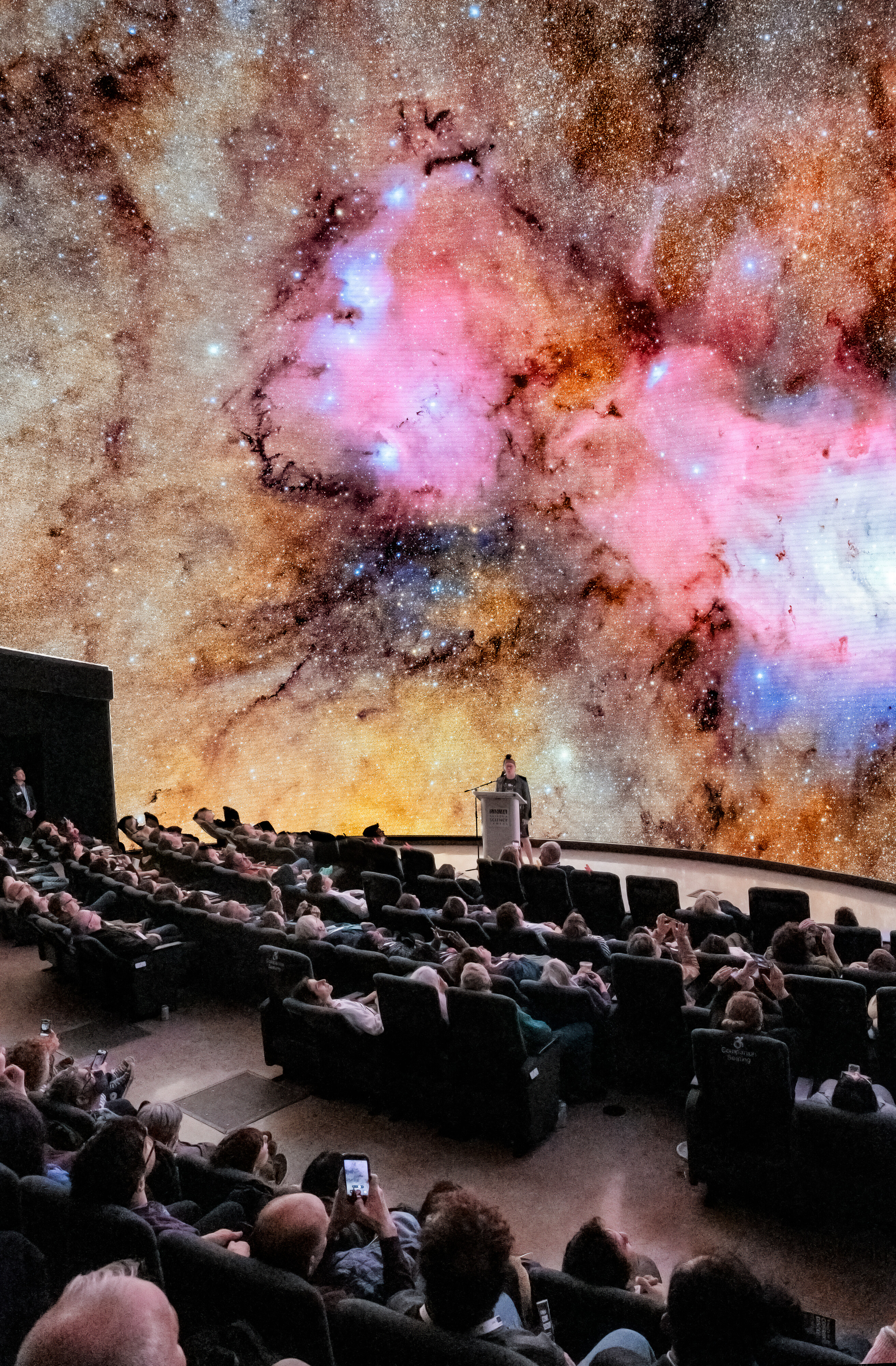 Stephanie looking tiny while presenting beneath Rubin's massive image in a planetarium dome