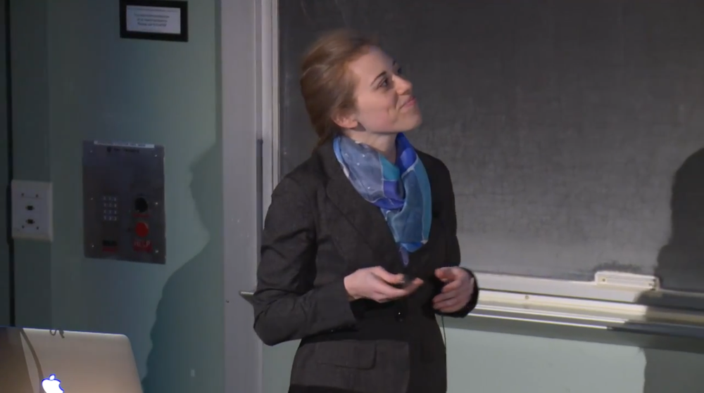 Stephanie giving a talk in front of a blackboard